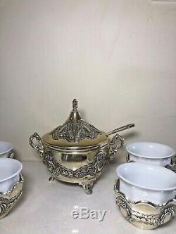 Silver plated porcelain espresso coffee tea cups & sugar bowl set