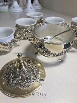 Silver plated porcelain espresso coffee tea cups & sugar bowl set