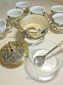 Silver plated porcelain espresso coffee tea cups & sugar bowl set