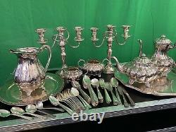 Silver plated tea set with tray and Silverware