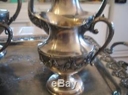 Simpson Hall Miller Silverplate Ornate Coffee Tea Set & Tray Wth Barbola Swags