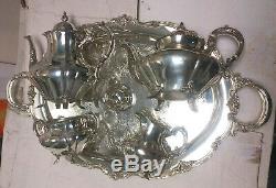 Sterling Silver 4pc Tea Set Reed Barton Georgian Rose Silverplate Tara Hall Tray