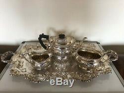 Stunning 3 Piece Silver Plated Tea Service With A Two Handled Chased Tray