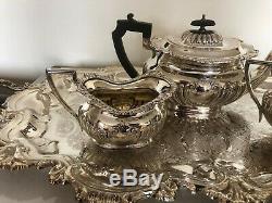 Stunning 3 Piece Silver Plated Tea Service With A Two Handled Chased Tray