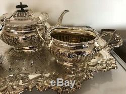 Stunning 3 Piece Silver Plated Tea Service With A Two Handled Chased Tray