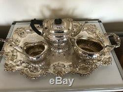 Stunning 3 Piece Silver Plated Tea Service With A Two Handled Chased Tray