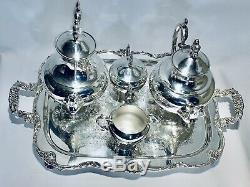 Stunning Antique Set Of Five Tea Set Meriden Silver Plated On Copper