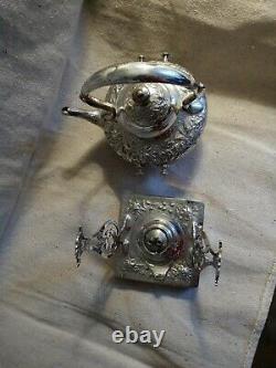 TIFFANY & CO. Silver Soldered Hot Water Kettle on Stand tea pot repousse
