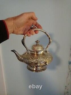TIFFANY & CO. Silver Soldered Hot Water Kettle on Stand tea pot repousse