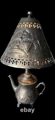 Tea Pot Lamp Silver plate Tin Punched Metal Shade Etched tea pot Vintage