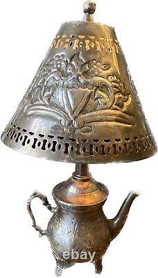 Tea Pot Lamp Silver plate Tin Punched Metal Shade Etched tea pot Vintage