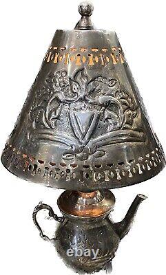 Tea Pot Lamp Silver plate Tin Punched Metal Shade Etched tea pot Vintage
