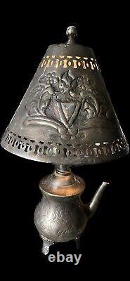 Tea Pot Lamp Silver plate Tin Punched Metal Shade Etched tea pot Vintage