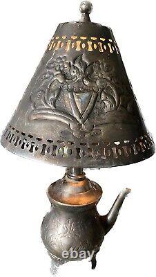 Tea Pot Lamp Silver plate Tin Punched Metal Shade Etched tea pot Vintage