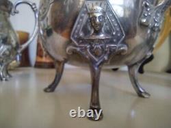 Tea Pot Set Figural Egyptian Revival 3 Pcs Triple Silver Plate Set by Manhattan