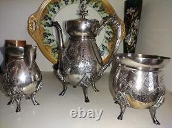 Tea Pot Set Figural Egyptian Revival 3 Pcs Triple Silver Plate Set by Manhattan