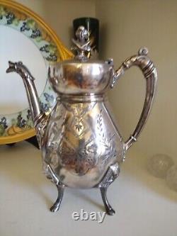 Tea Pot Set Figural Egyptian Revival 3 Pcs Triple Silver Plate Set by Manhattan