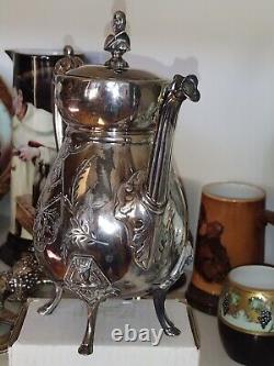 Tea Pot Set Figural Egyptian Revival 3 Pcs Triple Silver Plate Set by Manhattan