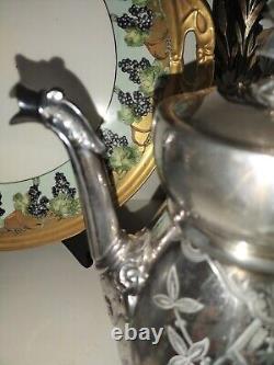 Tea Pot Set Figural Egyptian Revival 3 Pcs Triple Silver Plate Set by Manhattan