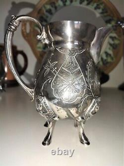 Tea Pot Set Figural Egyptian Revival 3 Pcs Triple Silver Plate Set by Manhattan