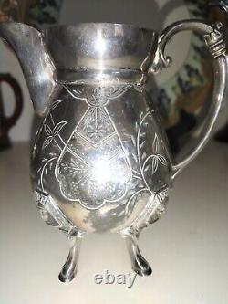 Tea Pot Set Figural Egyptian Revival 3 Pcs Triple Silver Plate Set by Manhattan
