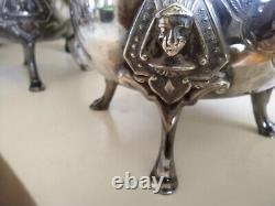 Tea Pot Set Figural Egyptian Revival 3 Pcs Triple Silver Plate Set by Manhattan