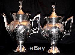 Tea set, 4pc, silverplate, Meriden, Aesthetic, Gothic, coffee teapot, 12t, c1865