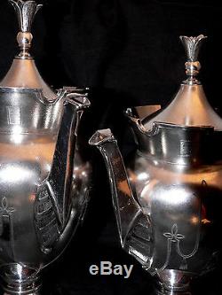 Tea set, 4pc, silverplate, Meriden, Aesthetic, Gothic, coffee teapot, 12t, c1865