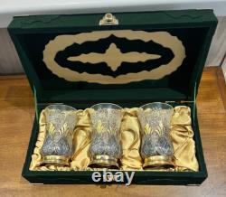 Tom Bohemia Crystal Podstakannik Tea Glass Set with Box Silver/Gold-Plate Holders