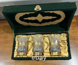 Tom Bohemia Crystal Podstakannik Tea Glass Set with Box Silver/Gold-Plate Holders