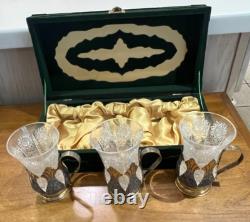 Tom Bohemia Crystal Podstakannik Tea Glass Set with Box Silver/Gold-Plate Holders