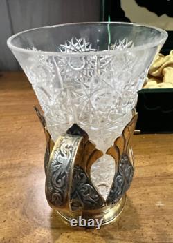 Tom Bohemia Crystal Podstakannik Tea Glass Set with Box Silver/Gold-Plate Holders