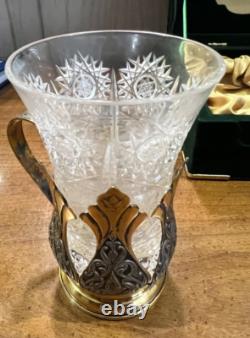 Tom Bohemia Crystal Podstakannik Tea Glass Set with Box Silver/Gold-Plate Holders