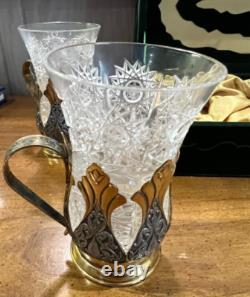 Tom Bohemia Crystal Podstakannik Tea Glass Set with Box Silver/Gold-Plate Holders