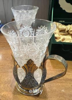 Tom Bohemia Crystal Podstakannik Tea Glass Set with Box Silver/Gold-Plate Holders