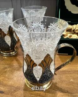 Tom Bohemia Crystal Podstakannik Tea Glass Set with Box Silver/Gold-Plate Holders