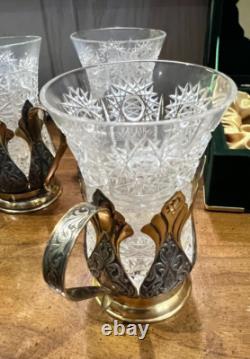 Tom Bohemia Crystal Podstakannik Tea Glass Set with Box Silver/Gold-Plate Holders