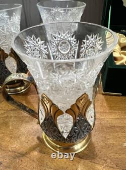Tom Bohemia Crystal Podstakannik Tea Glass Set with Box Silver/Gold-Plate Holders