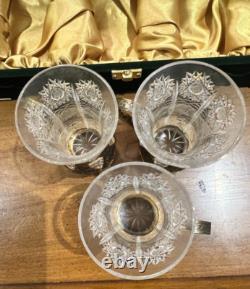 Tom Bohemia Crystal Podstakannik Tea Glass Set with Box Silver/Gold-Plate Holders