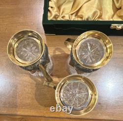 Tom Bohemia Crystal Podstakannik Tea Glass Set with Box Silver/Gold-Plate Holders