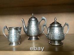 Triple Silver Plate Tea Pot. Sugar. Creamer. Floral Etched HallmarkSheldon CT