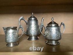 Triple Silver Plate Tea Pot. Sugar. Creamer. Floral Etched HallmarkSheldon CT