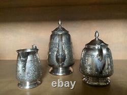 Triple Silver Plate Tea Pot. Sugar. Creamer. Floral Etched HallmarkSheldon CT