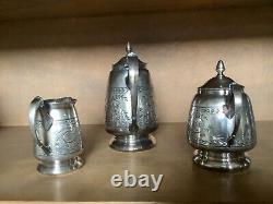 Triple Silver Plate Tea Pot. Sugar. Creamer. Floral Etched HallmarkSheldon CT