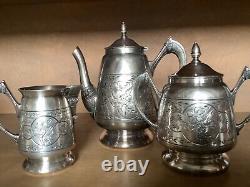 Triple Silver Plate Tea Pot. Sugar. Creamer. Floral Etched HallmarkSheldon CT