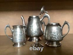 Triple Silver Plate Tea Pot. Sugar. Creamer. Floral Etched HallmarkSheldon CT