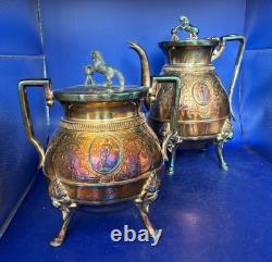 Unique Webster Silver-Plate Egyptian Revival Teapot & Sugar Bowl Horse Finial