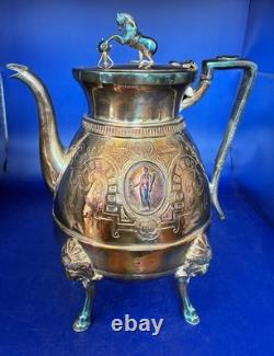 Unique Webster Silver-Plate Egyptian Revival Teapot & Sugar Bowl Horse Finial