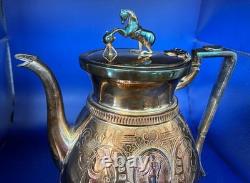 Unique Webster Silver-Plate Egyptian Revival Teapot & Sugar Bowl Horse Finial