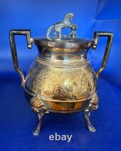 Unique Webster Silver-Plate Egyptian Revival Teapot & Sugar Bowl Horse Finial